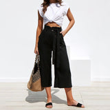 Casual Cotton Linen women high waist wide leg pants summer autumn office band loose palazzo trousers female black yellow pants